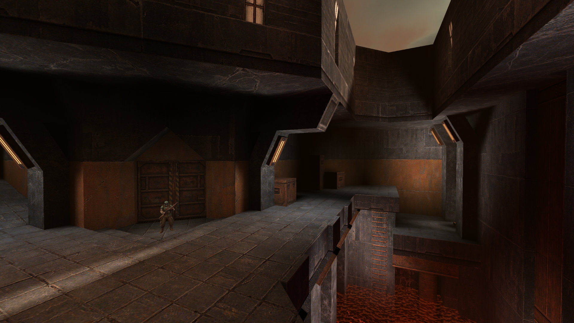 Screenshot from Quake, showing an outdoor area, featuring the gray/orange color scheme.