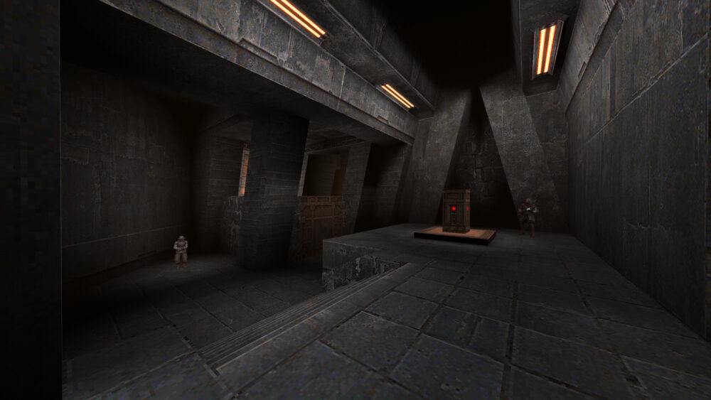 Screenshot from Quake, showing a concrete underground area.