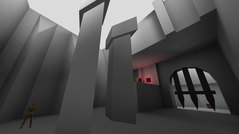 Screenshot from Quake, featuring just white, gray, and red.
