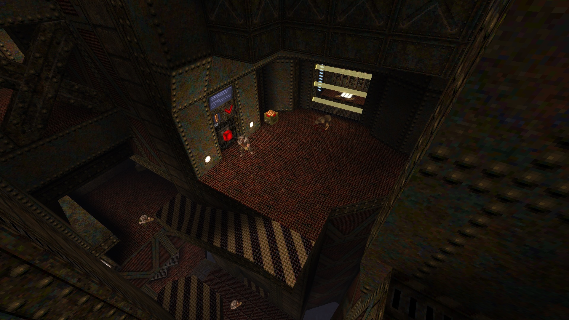 Screenshot from Quake, showing an overhead view of a small map using industrial Rubicon textures.